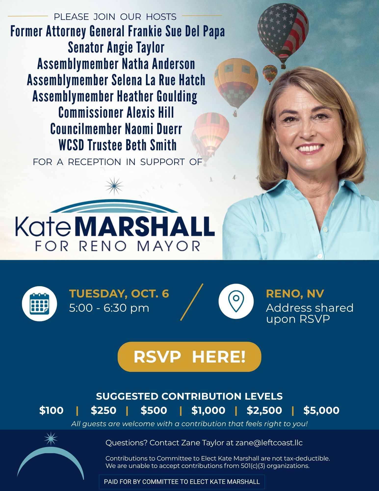 Flyer for Evening Reception supporting Kate Marshall for Reno Mayor
