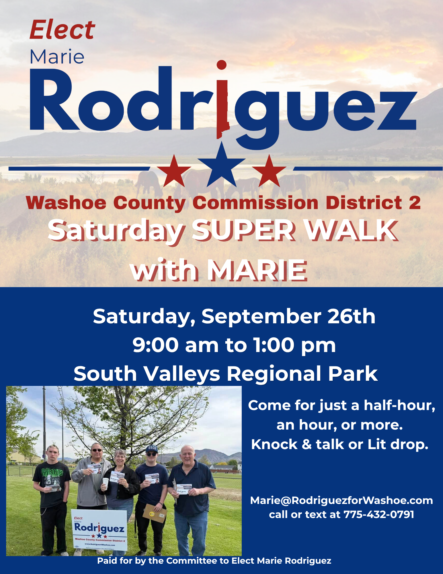 Flyer for Super Saturday Neighborhood Walk with Marie Rodriguez for Washoe County Commission