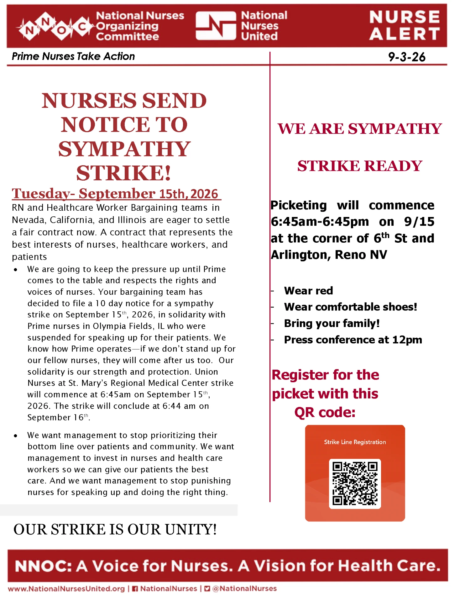 Flyer for ACTION ALERT: NNOC-NV St. Mary's Nurses on Strike