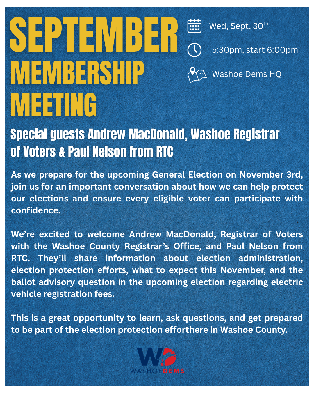Flyer for WashoeDEMS September Meeting: Election Protection!