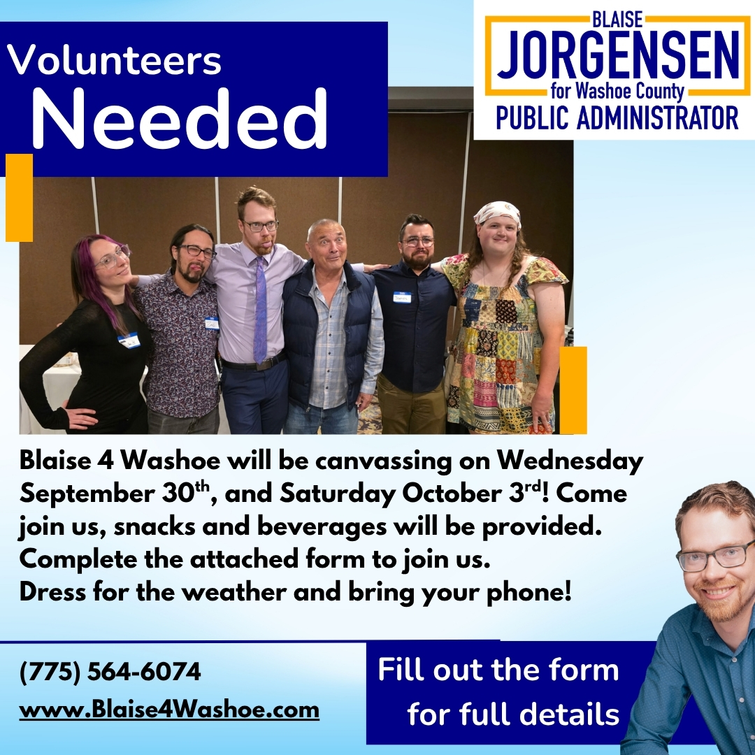 Flyer for Walk with Blaise Jorgensen for Washoe County Public Administrator