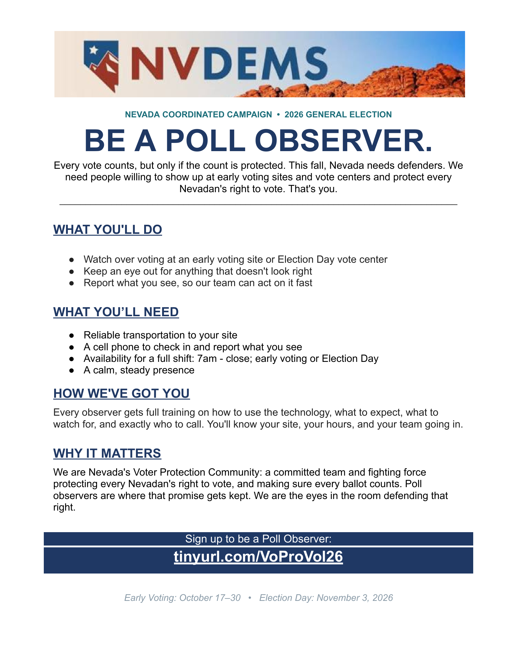 Nevada Democrats poll observer recruitment flyer: what you'll do, what you'll need, training provided, and sign-up link tinyurl.com/VoProVol26