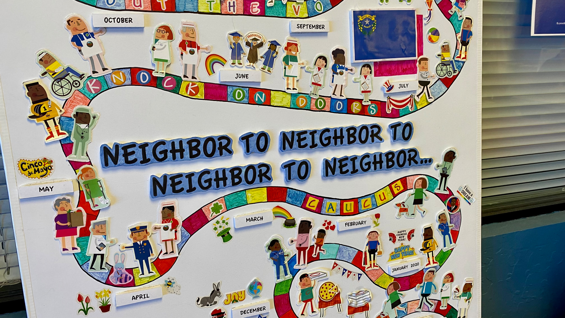 Colorful 'Knock on Doors' and 'Caucus' artwork showing neighbors connecting year-round