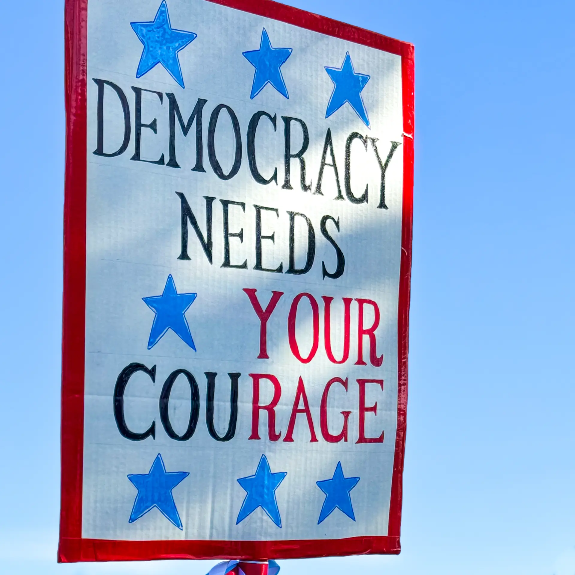Hand-painted sign reading Democracy Needs Your Courage