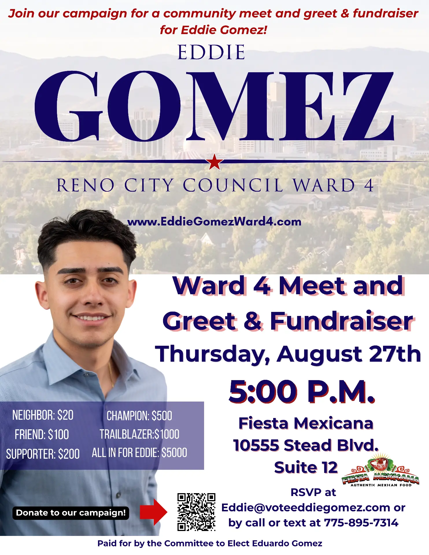 Flyer for Ward 4 Meet & Greet Fundraiser for Eddie Gomez