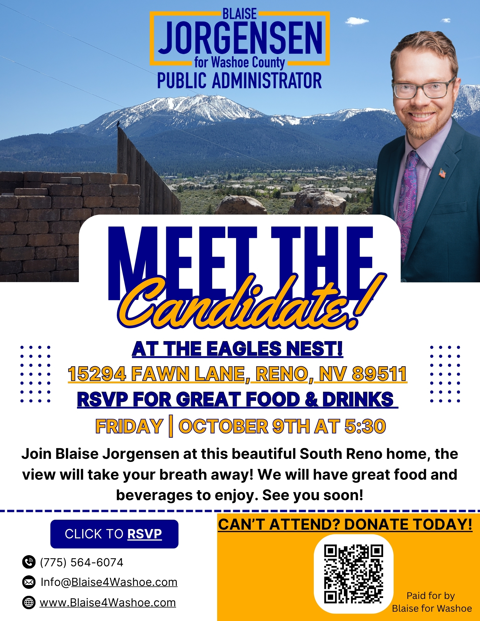 Flyer for Blaise Jorgensen for Public Administrator House Party