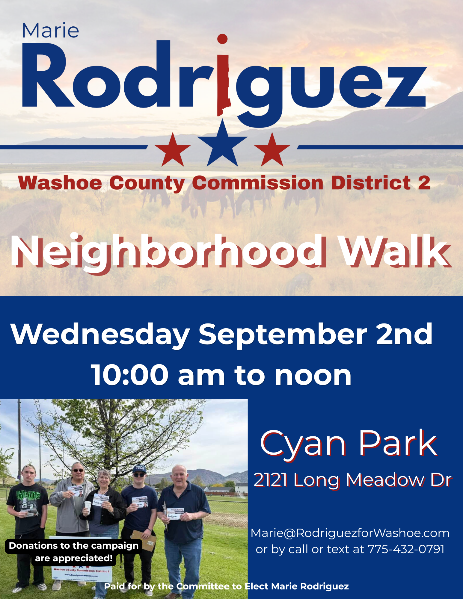 Flyer for Neighborhood Walk with Marie Rodriguez for Washoe County Commission