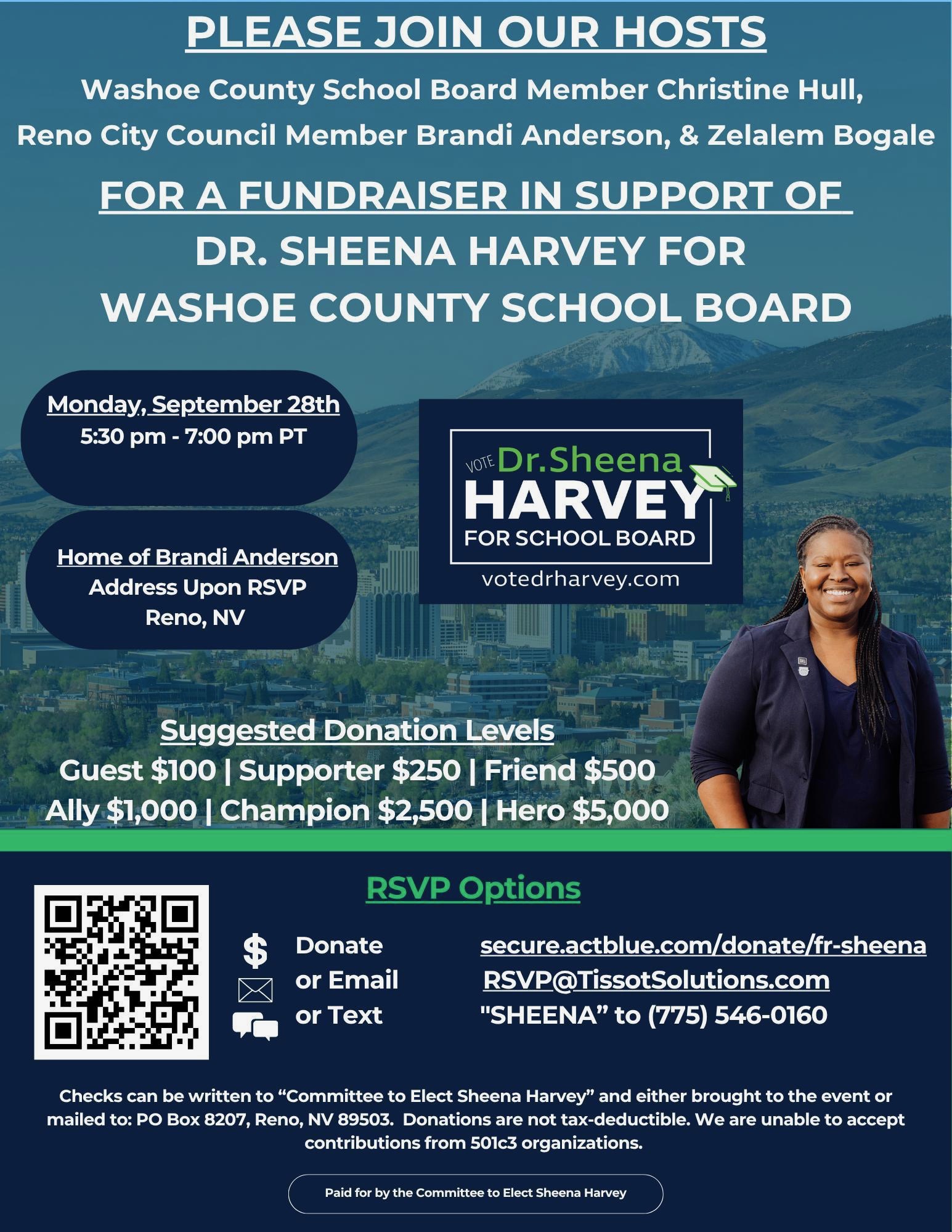 Flyer for Fundraiser for Dr. Sheena Harvey for WDSD Trustee