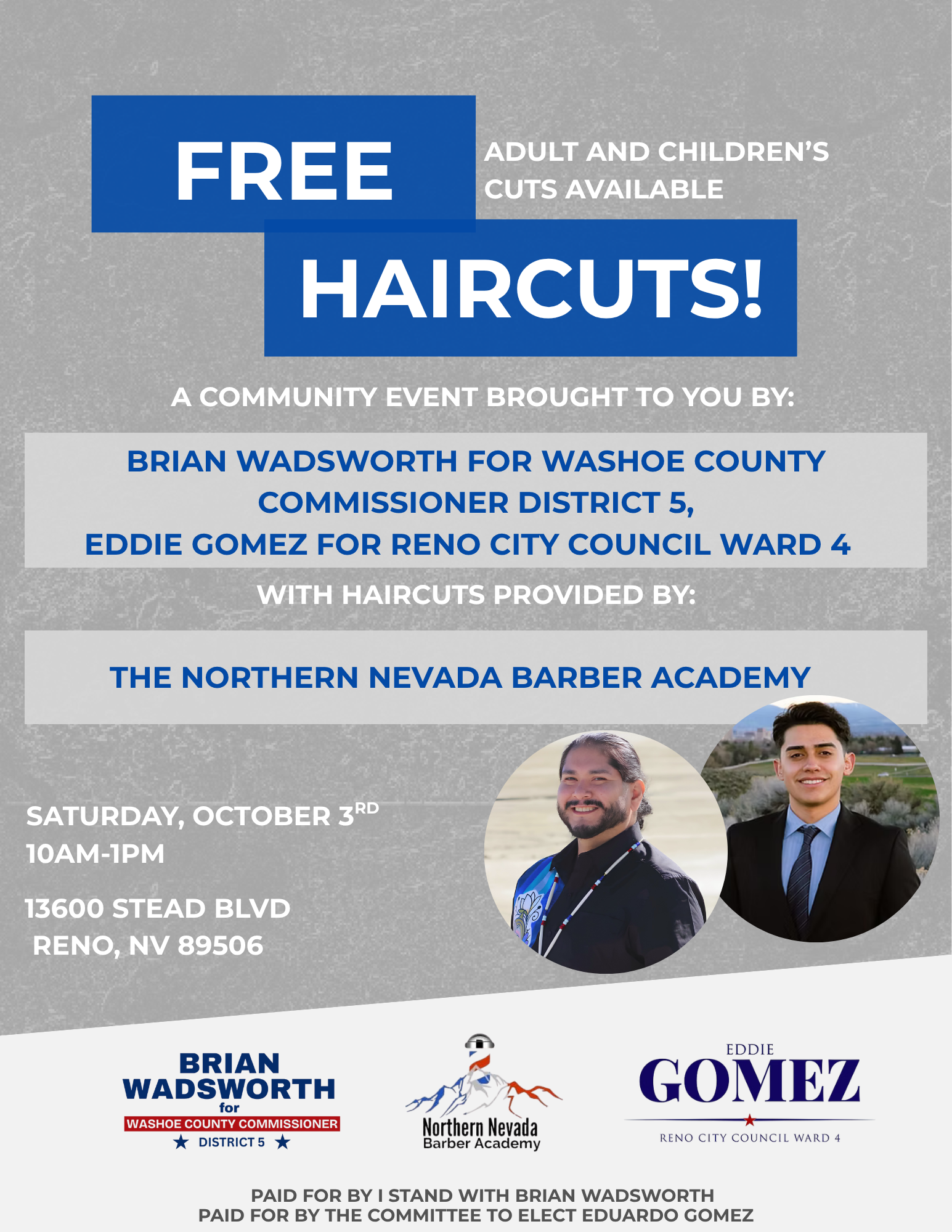 Flyer for Free Community Haircuts — Adults & Children Welcome