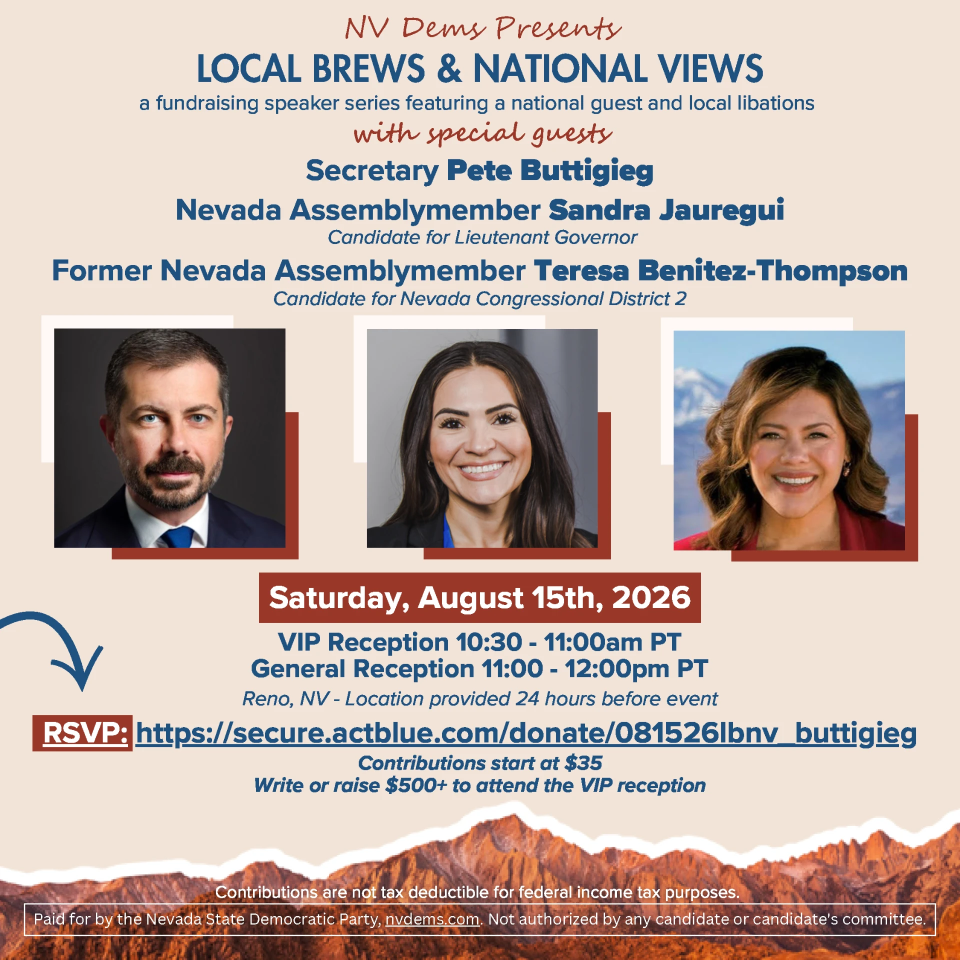 Flyer for Local Brews & National Views featuring Secretary Pete Buttigieg