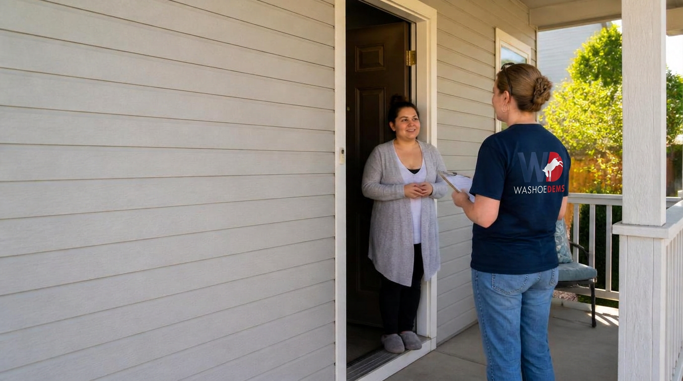 Volunteer talking with a neighbor at the door in Washoe County