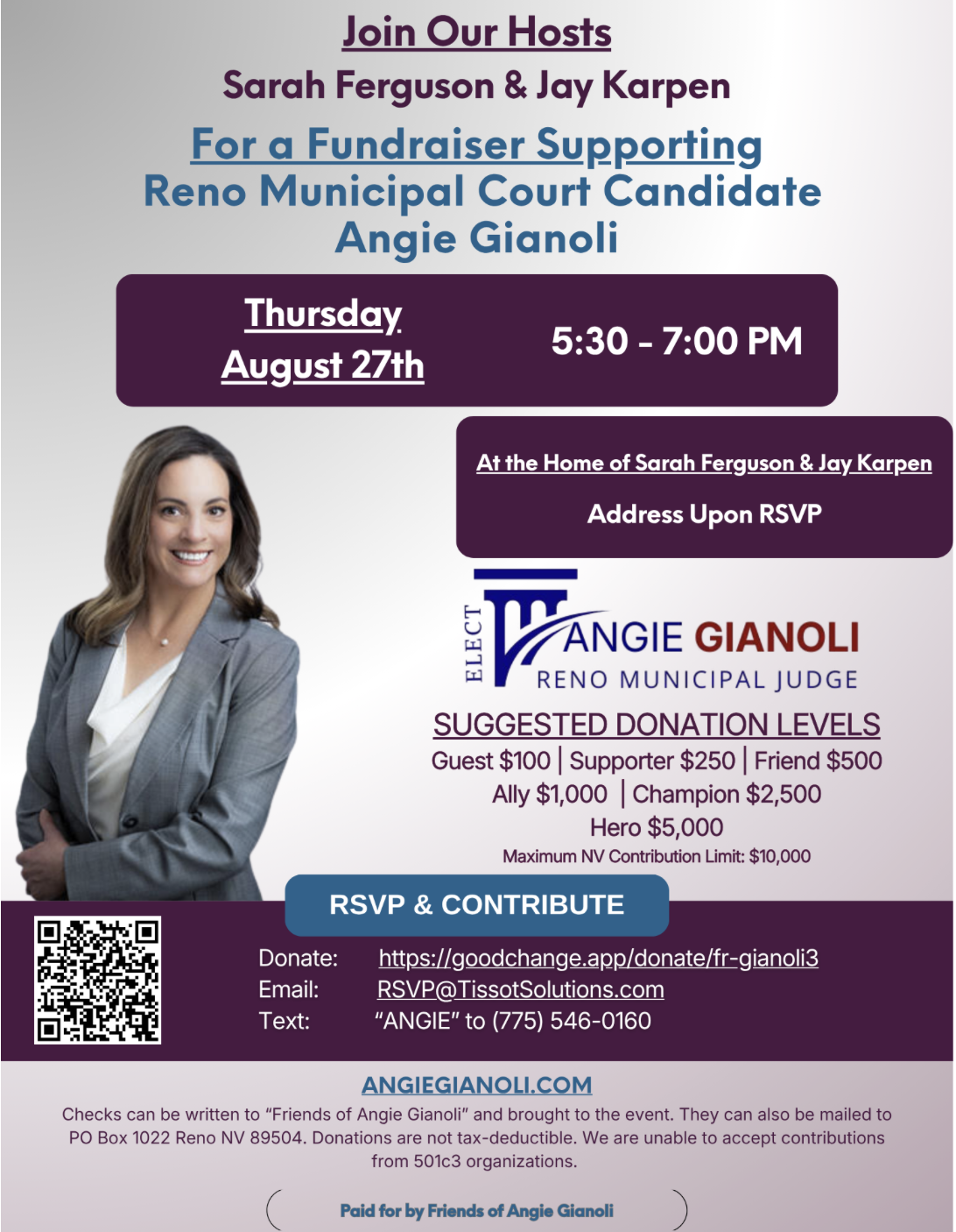 Flyer for Fundraiser for Angie Gianoli for Reno Municipal Court Judge