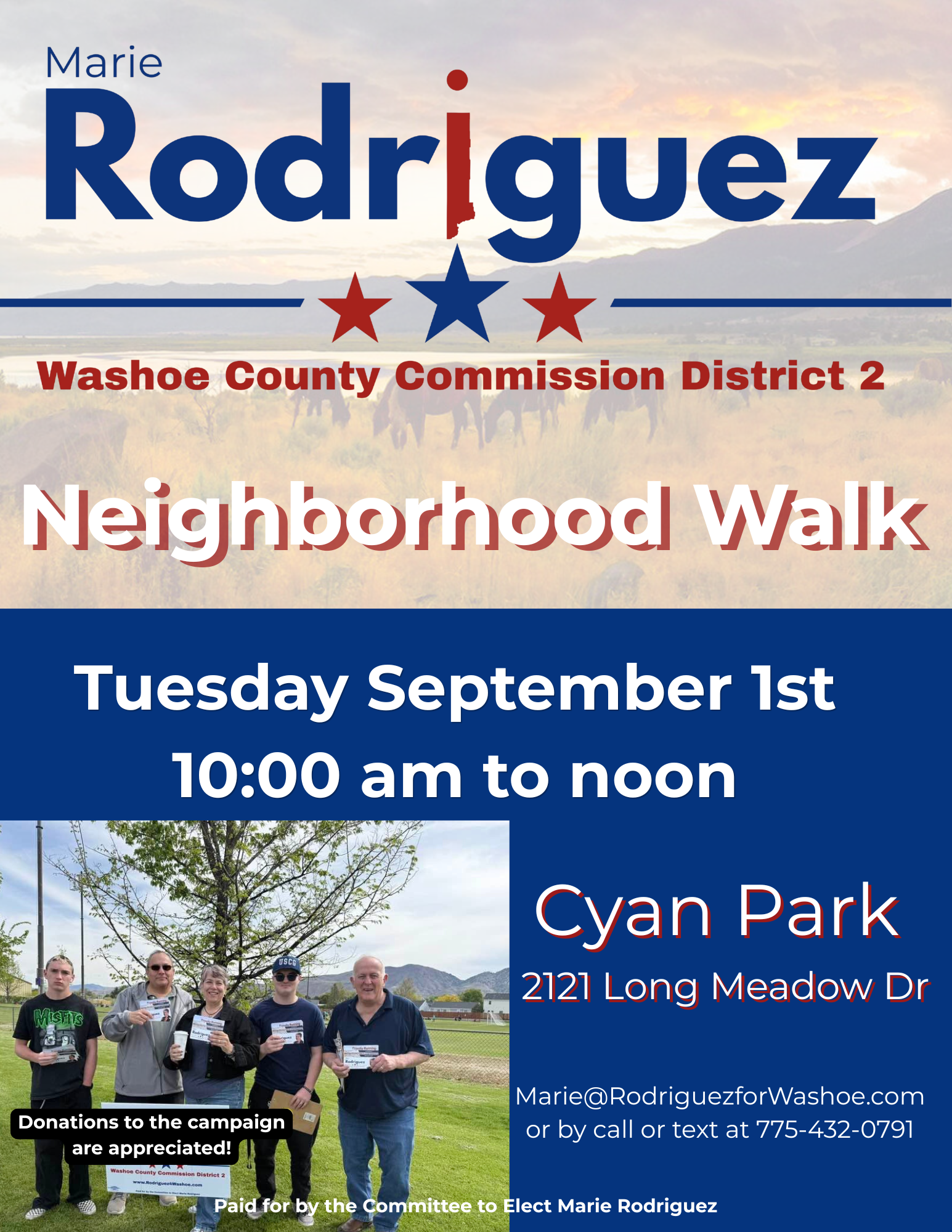 Flyer for Neighborhood Walk with Marie Rodriguez for Washoe County Commission