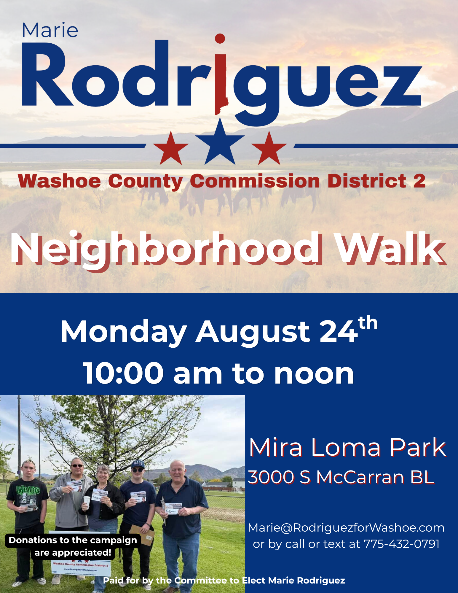 Flyer for Neighborhood Walk with Marie Rodriguez for Washoe County Commission