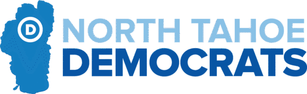 Image of Lake Tahoe with circled D at top. North Tahoe Democrats to right